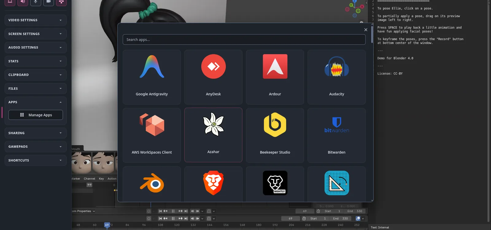 The in-session app manager: a searchable grid of application icons from the proot-apps catalog over the running desktop