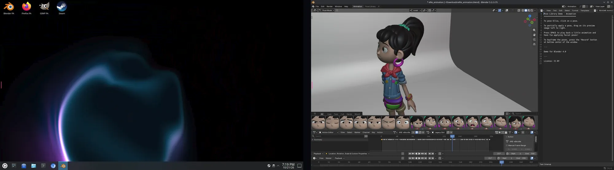 Two browser windows of one Selkies session: the primary screen with the KDE desktop and its animated wallpaper, and the companion window showing the second screen with Blender moved onto it